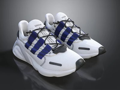 White Mesh Sports Sneakers With Blue Stripes And Black Toe Caps 3d model