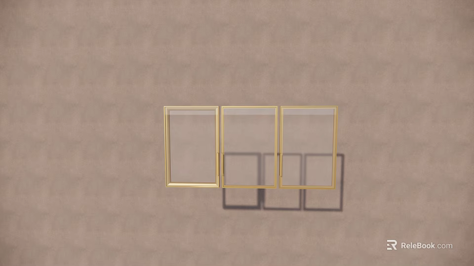 Three Transparent Picture Frames With Golden Borders Hanging On Beige Wall 3d model 