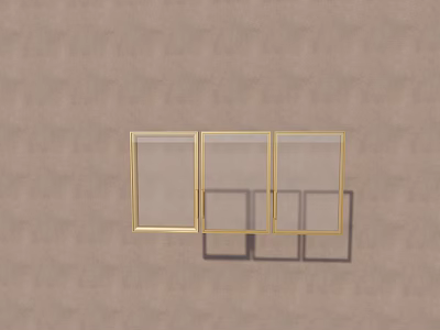 Three Transparent Picture Frames With Golden Borders Hanging On Beige Wall 3d model