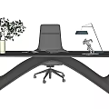 Modern Curved Office Desk With White Vase Green Plant Laptop And Table Lamp