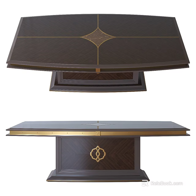 Elegant Dark Wooden Office Desk With Gold Accents And Decorative Panel Design 3d model 