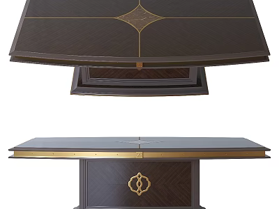 Elegant Dark Wooden Office Desk With Gold Accents And Decorative Panel Design 3d model
