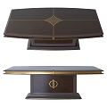 Elegant Dark Wooden Office Desk With Gold Accents And Decorative Panel Design