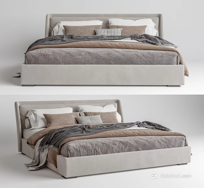 Modern Double Bed Design With Beige Headboard Gray Bedding And Soft Pillows 3d model
