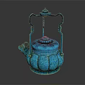Turquoise Traditional Teapot With Petal Shaped Patterns And Carry Handle Design