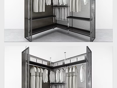 Modern Corner Open Wardrobe With Metal Frame And Hanging White Garments 3d model