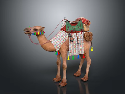 Ornate Decorated Camel With Green Saddle Patterned Blanket And Colorful Tassels 3d model