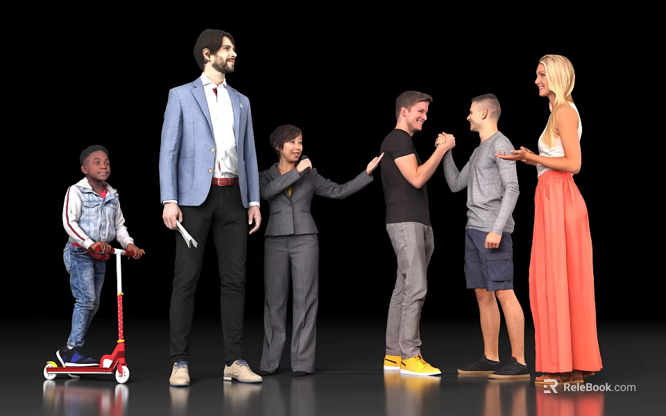 Group of Diverse People Standing Together with Child Riding Scooter and High Fiving Individuals 3d model 