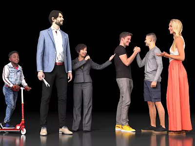 Group of Diverse People Standing Together with Child Riding Scooter and High Fiving Individuals 3d model