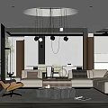 Modern Living Room Interior With Sofa Accent Chair Coffee Tables Rug And Wooden Wall