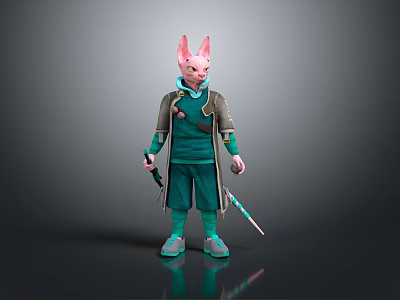 Fantasy Themed Anthropomorphic 3D Character In Green Outfit With Pink Ears And Sword 3d model