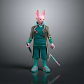 Fantasy Themed Anthropomorphic 3D Character In Green Outfit With Pink Ears And Sword