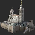 European Style Architectural Model With Bell Tower Dome And Stone Walls