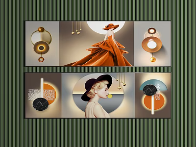 Stylish Female Artwork With Orange Dress Hat And Geometric Decorations 3d model
