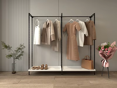 Stylish Clothing Rack With Hanging Clothes Shoes Handbag And Flower Bouquet In Modern Interior 3d model