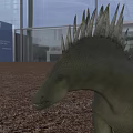 Green Dinosaur with Spiked Back Standing on Gravel Ground in Front of Glass Building Background