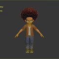 Man as 3D Character with Afro Hairstyle Orange Shirt Blue Jeans Green Shoes Gray Background