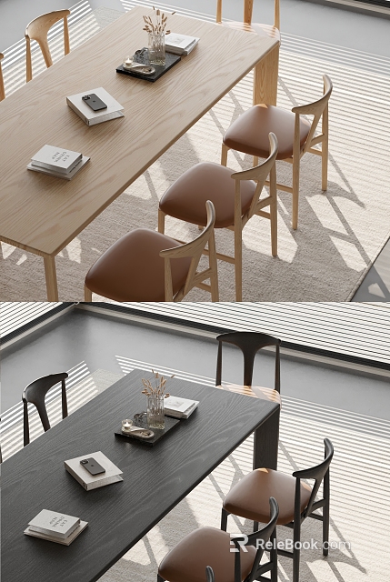 Stylish Wooden Dining Table And Chairs Set With Leather Seats Books Vase And Natural Light 3d model 