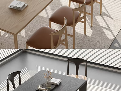 Stylish Wooden Dining Table And Chairs Set With Leather Seats Books Vase And Natural Light 3d model