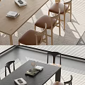 Stylish Wooden Dining Table And Chairs Set With Leather Seats Books Vase And Natural Light