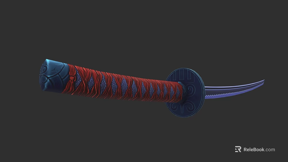 Traditional Samurai Sword With Red And Blue Wrapped Handle Decorative Scabbard And Intricate Design 3d model 