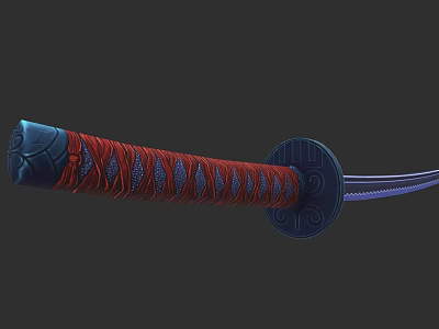 Traditional Samurai Sword With Red And Blue Wrapped Handle Decorative Scabbard And Intricate Design 3d model