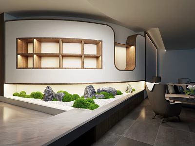 Modern Minimalist Indoor Landscape With Wooden Lattice Sand Tray Green Moss And Gray Stones 3d model