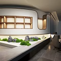 Modern Minimalist Indoor Landscape With Wooden Lattice Sand Tray Green Moss And Gray Stones