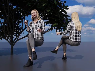 A Woman In Plaid Shirt Gray Pants Sitting Under Tree With Blue Sky White Clouds 3d model