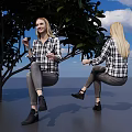 A Woman In Plaid Shirt Gray Pants Sitting Under Tree With Blue Sky White Clouds