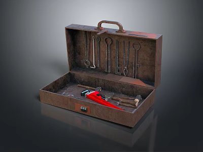 Vintage Hardware Tools in Open Toolbox with Wrenches Pliers and Hammer 3d model