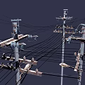 Roadside Facilities Featuring Utility Poles Overhead Wires And Street Lamps With Illuminated Yellow Lights