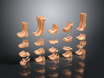 Fashionable Copper Colored Shoes With Various Styles Including Boots Heels And Flats 3d model