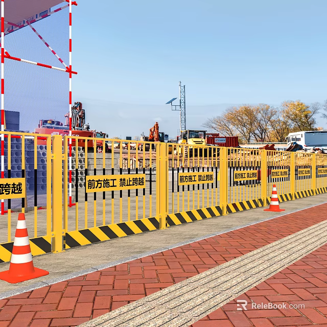 Construction Site With Yellow Safety Barriers Orange Traffic Cones Excavators And Cranes Under Blue Sky 3d model 