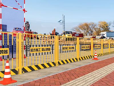 Construction Site With Yellow Safety Barriers Orange Traffic Cones Excavators And Cranes Under Blue Sky 3d model
