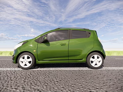 Green Compact Car Parked On Gravel Road With Blue Sky And Green Grass 3d model