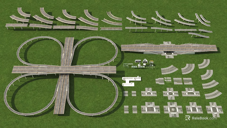 Detailed Highway Interchange Model Featuring Loop Ramps Overpass Structures And Road Segments 3d model 