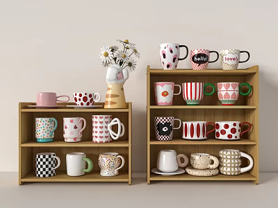 Colorful Cups With Various Patterns On Wooden Shelves And Vase With Daisies 3d model