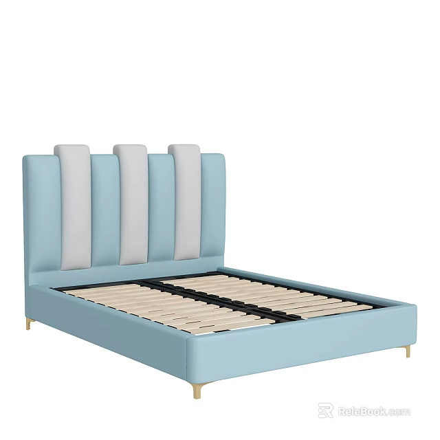 Light Blue Upholstered Double Bed With Gray Striped Headboard Gold Legs And Wooden Slats 3d model 