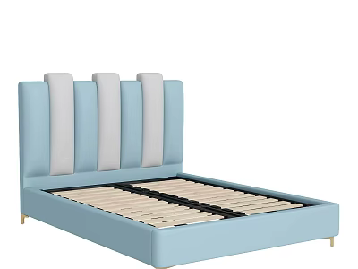 Light Blue Upholstered Double Bed With Gray Striped Headboard Gold Legs And Wooden Slats 3d model
