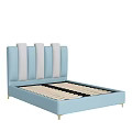 Light Blue Upholstered Double Bed With Gray Striped Headboard Gold Legs And Wooden Slats