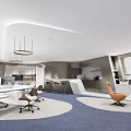 Modern Public Office Space Interior With Workstations Sofas Hanging Lights And Carpet 3d model