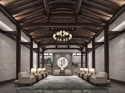 Elegant Chinese Hotel Public Lounge Interior With Wooden Ceiling Chandelier Circular Decor And Stone Walls 3d model