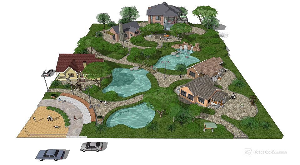 Multiple Detached Villas Community With Greenery Ponds Winding Paths And Parking Area 3d model 