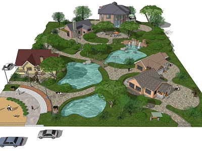Multiple Detached Villas Community With Greenery Ponds Winding Paths And Parking Area 3d model