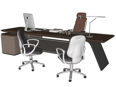 Modern Office Desk With Laptop Table Lamp White And Dark Office Chairs 3d model