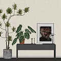 Minimalist Entryway Console Table With Tall Green Plants And Framed Painting Decor