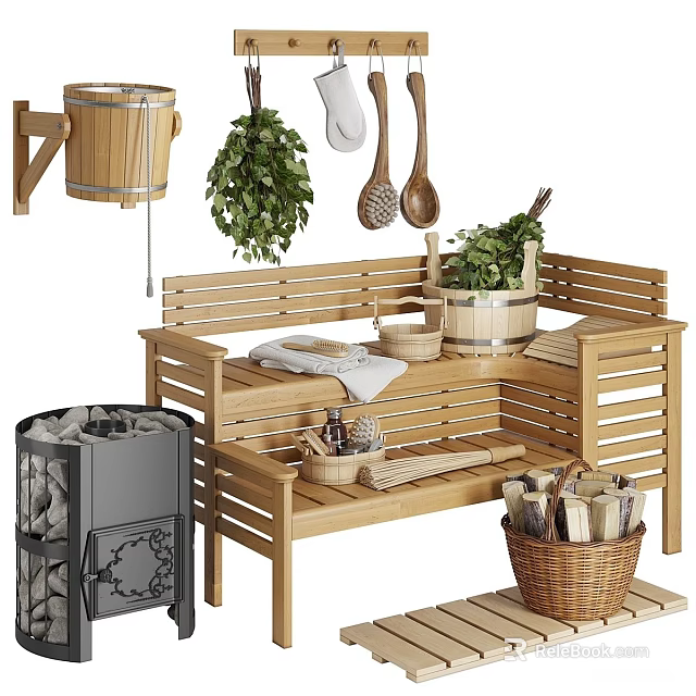 Wooden Storage Bench With Hanging Bucket Green Plants Wooden Spoons And Wicker Basket 3d model 