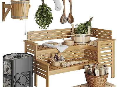 Wooden Storage Bench With Hanging Bucket Green Plants Wooden Spoons And Wicker Basket 3d model