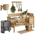 Wooden Storage Bench With Hanging Bucket Green Plants Wooden Spoons And Wicker Basket